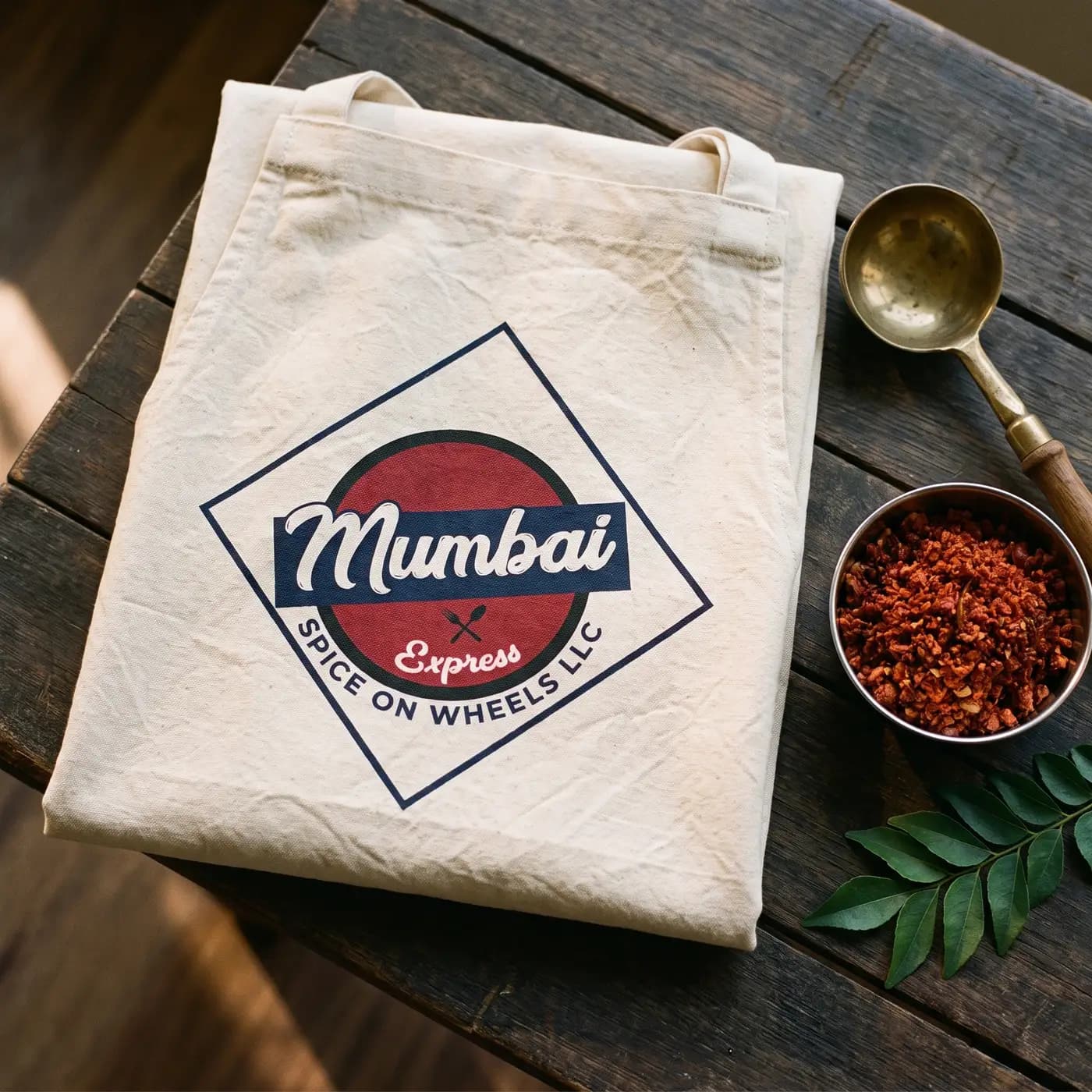 A khadi tote printed with the Mumbai Express mark beside a brass ladle