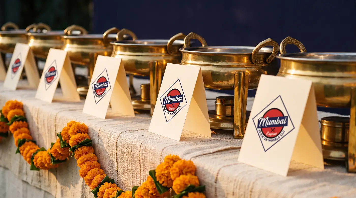 Place cards printed with the Mumbai Express mark against brass chafing dishes