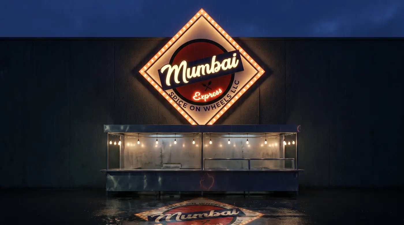 The Mumbai Express mark as an illuminated marquee sign above a street-food counter