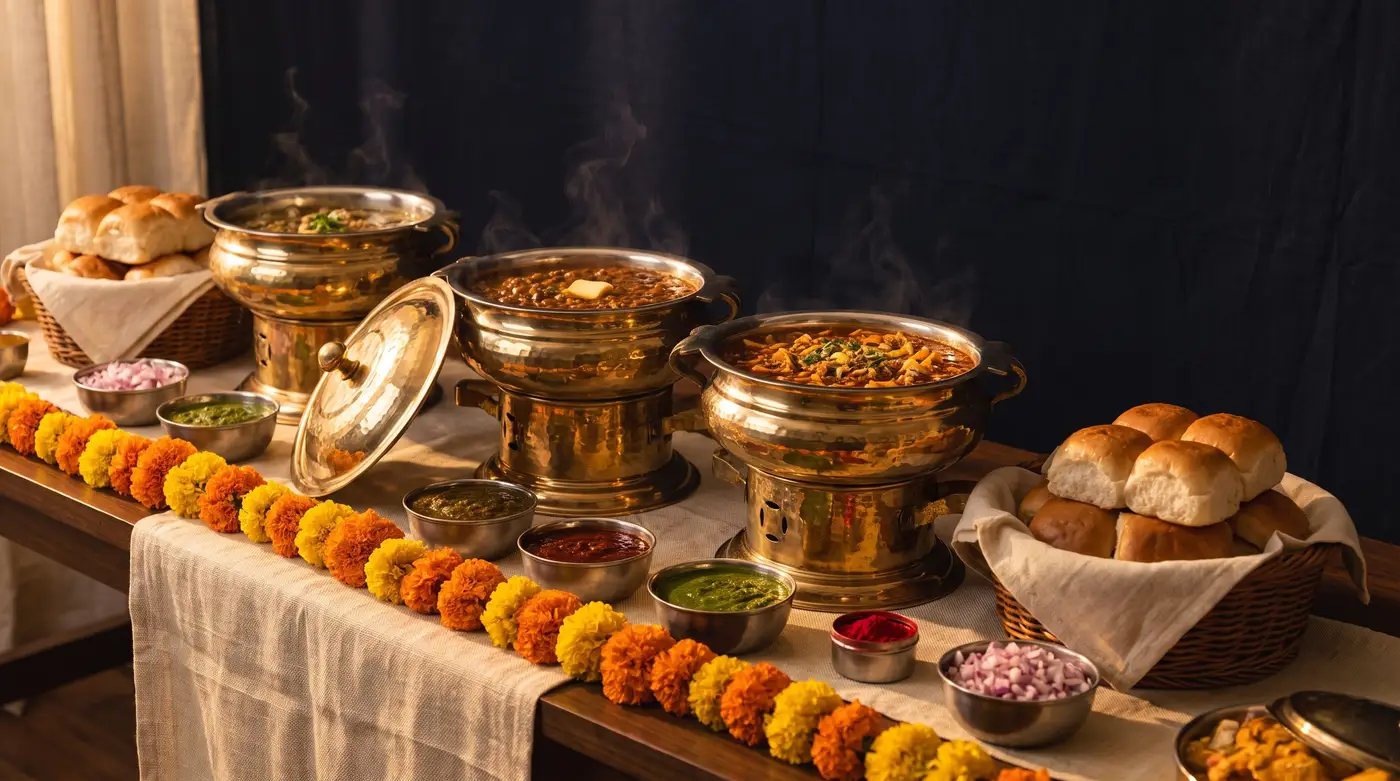 Brass chafing dishes of pav bhaji and misal on a marigold-lined table