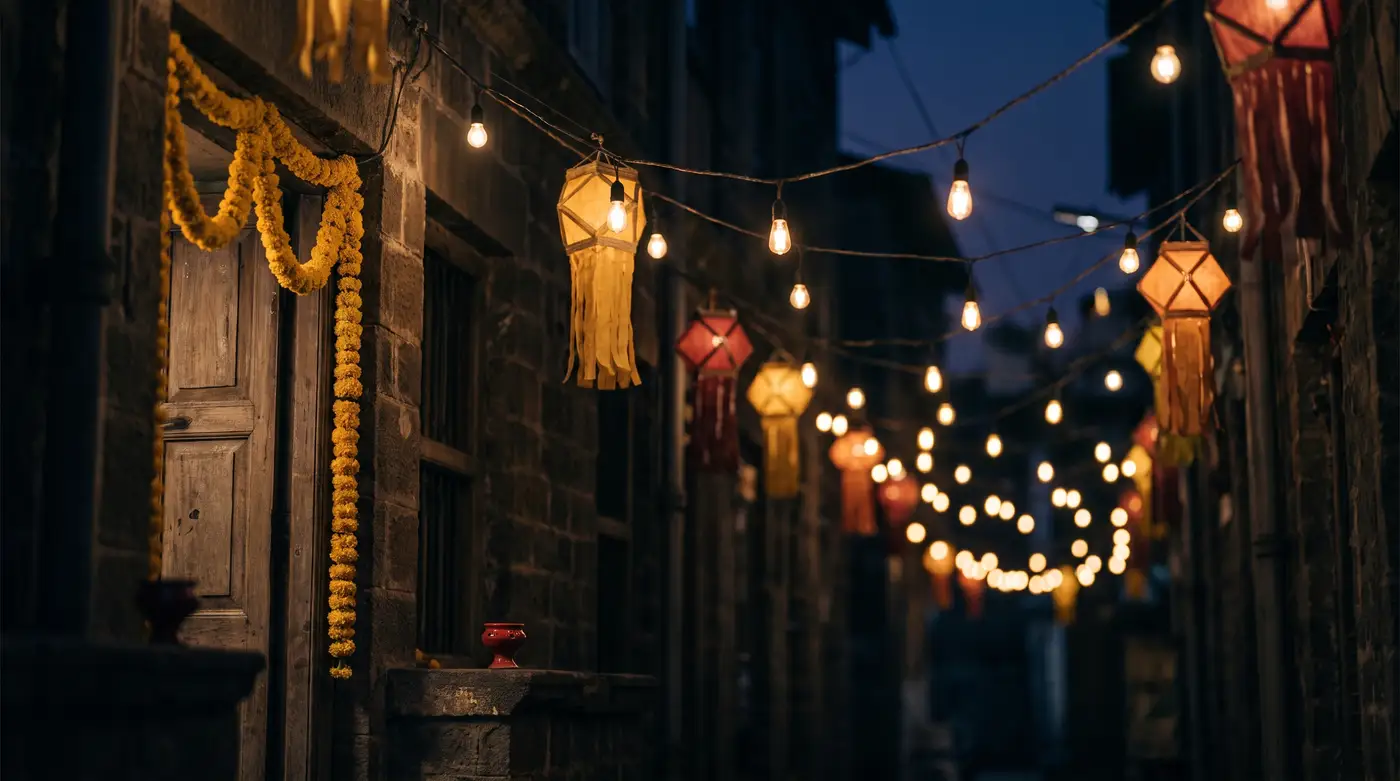 Strings of warm bulbs across a lane at night