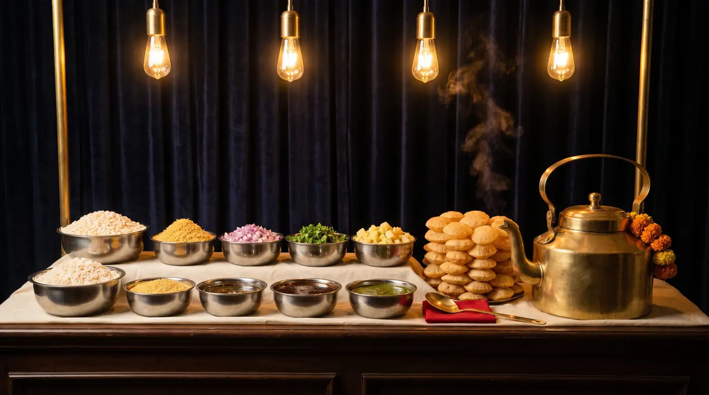 A live chaat counter with steel bowls of sev, puris and chutneys