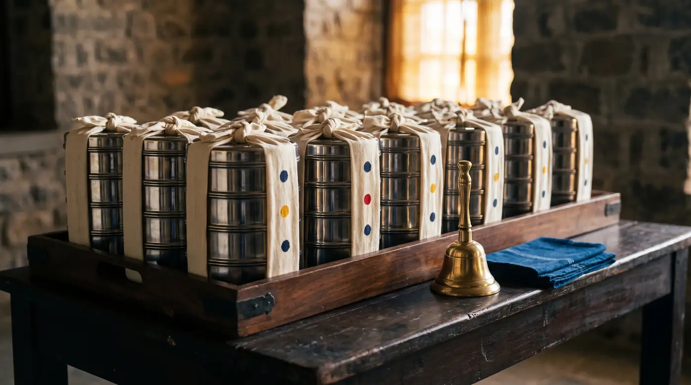 Rows of steel tiffins tied with cloth on a wooden tray