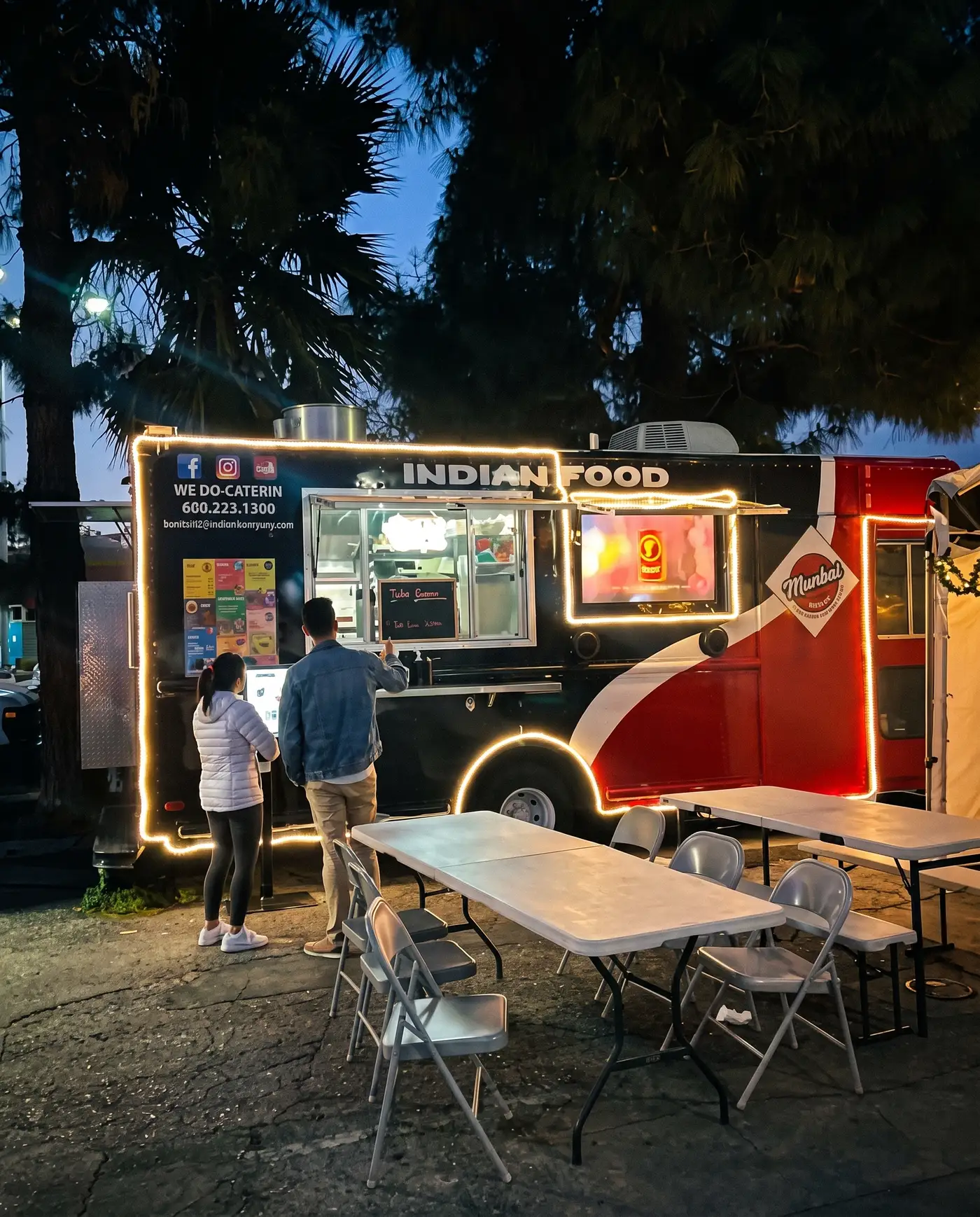 Guests ordering at the truck window under string lights