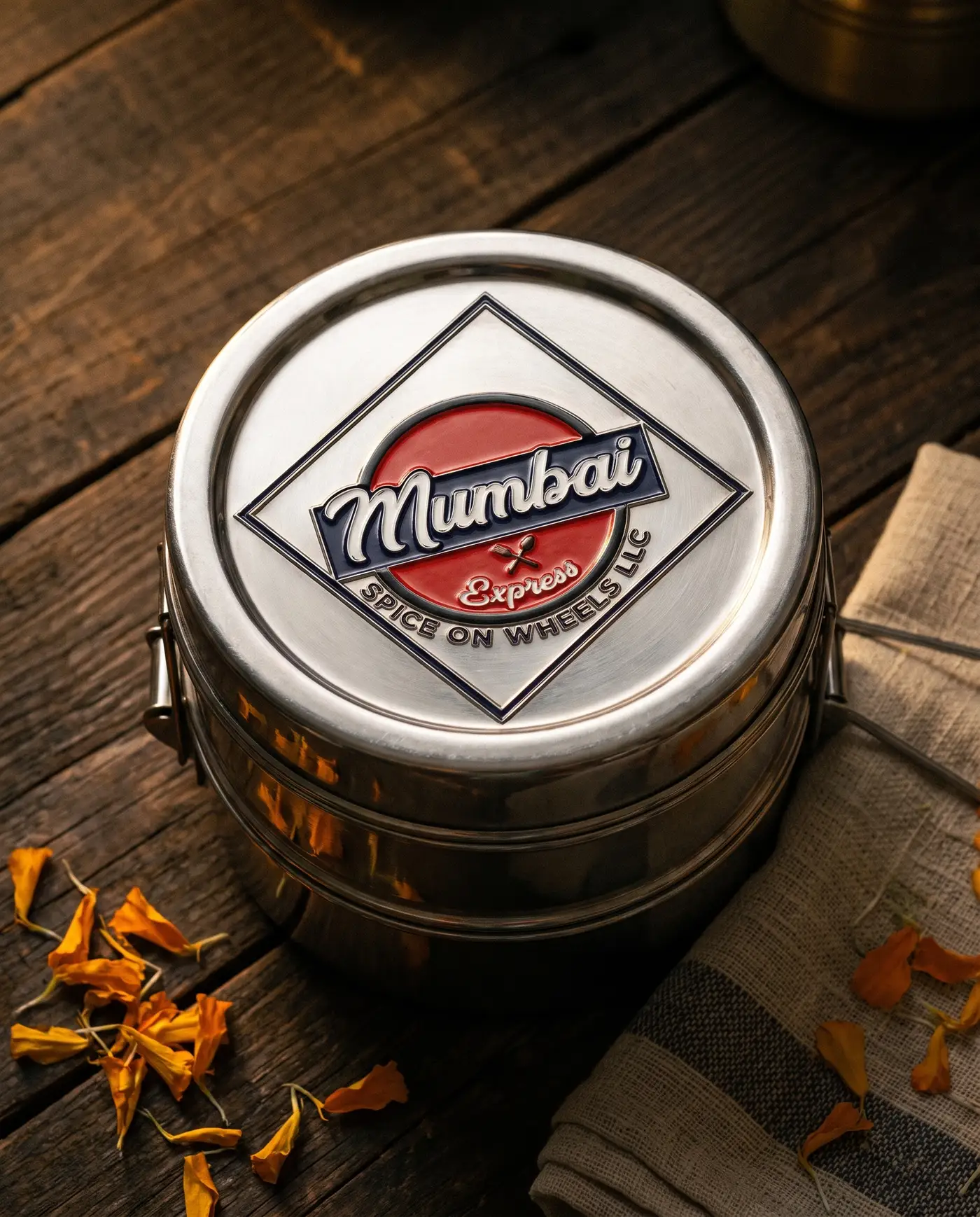 The Mumbai Express mark embossed on a stainless tiffin lid