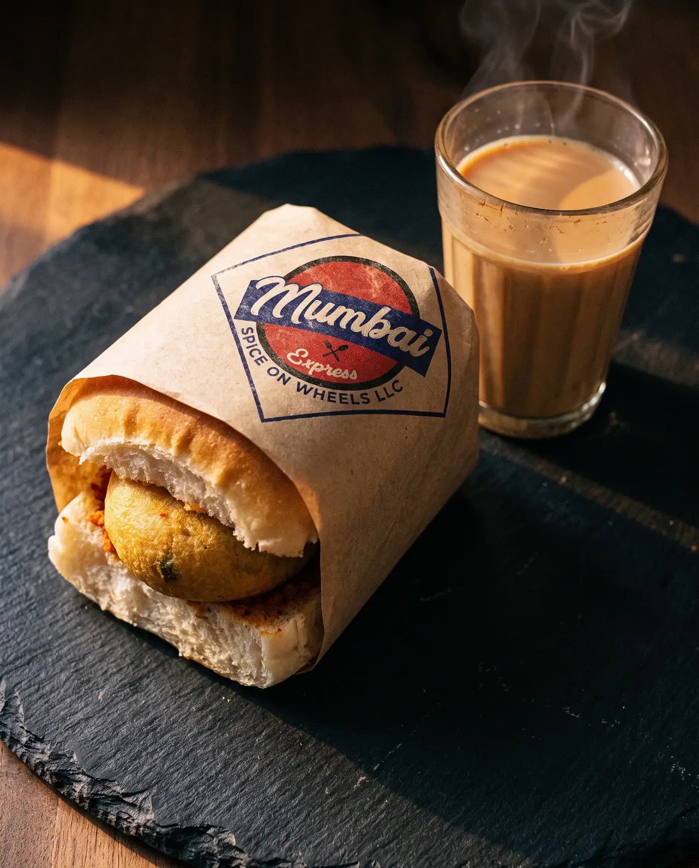 A vada pav wrapped in kraft paper stamped with the Mumbai Express mark