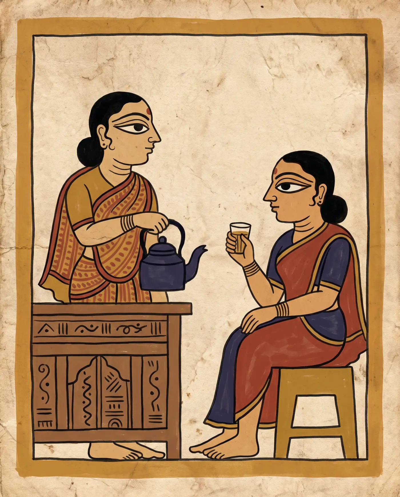 A Chitrakathi folk painting of a chai seller pouring tea for two customers