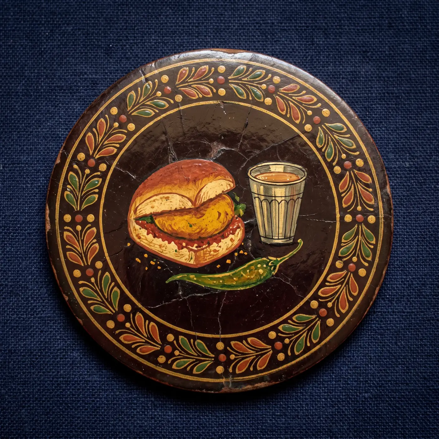 A circular Ganjifa card painted with a vada pav, chilli and a glass of tea