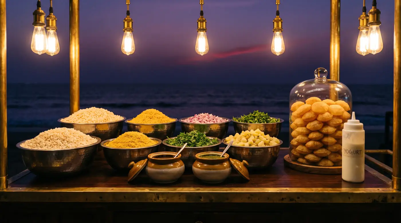 A chaat stall counter at dusk with steel bowls of sev and puris