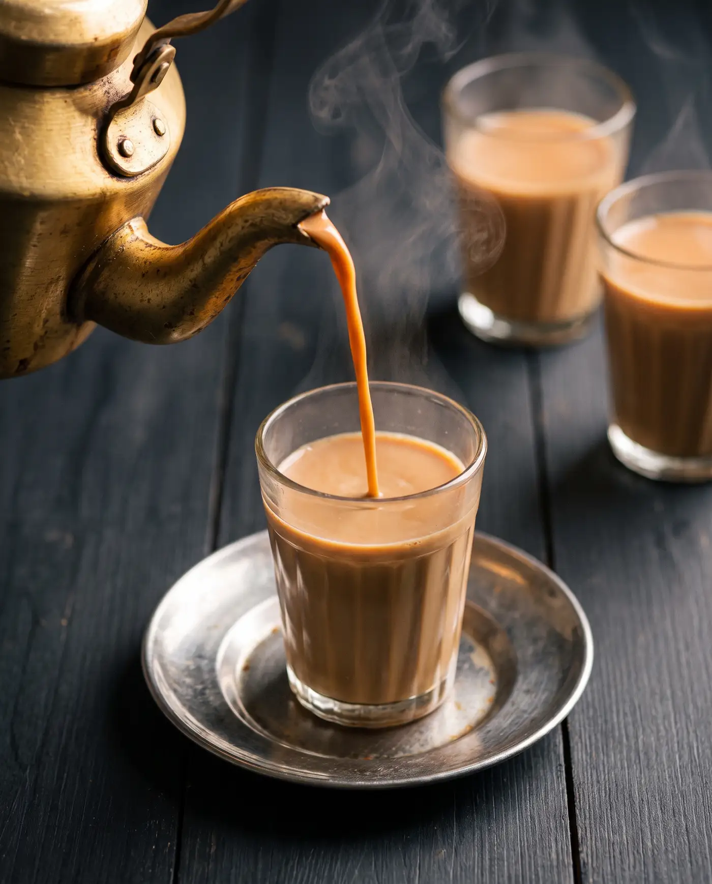 Cutting chai poured from a brass kettle into a glass