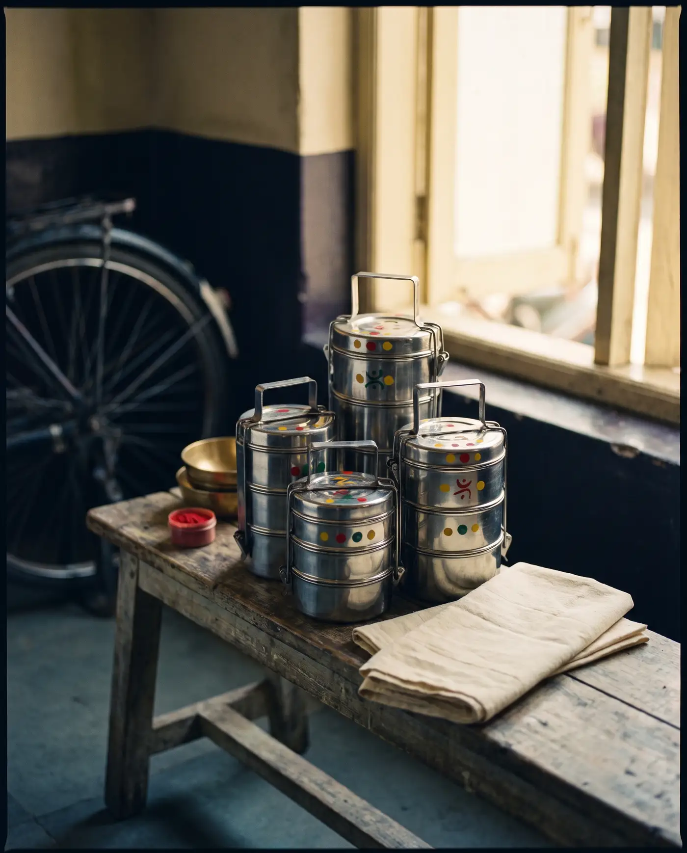 Stacked tiffin carriers marked with a painted colour code
