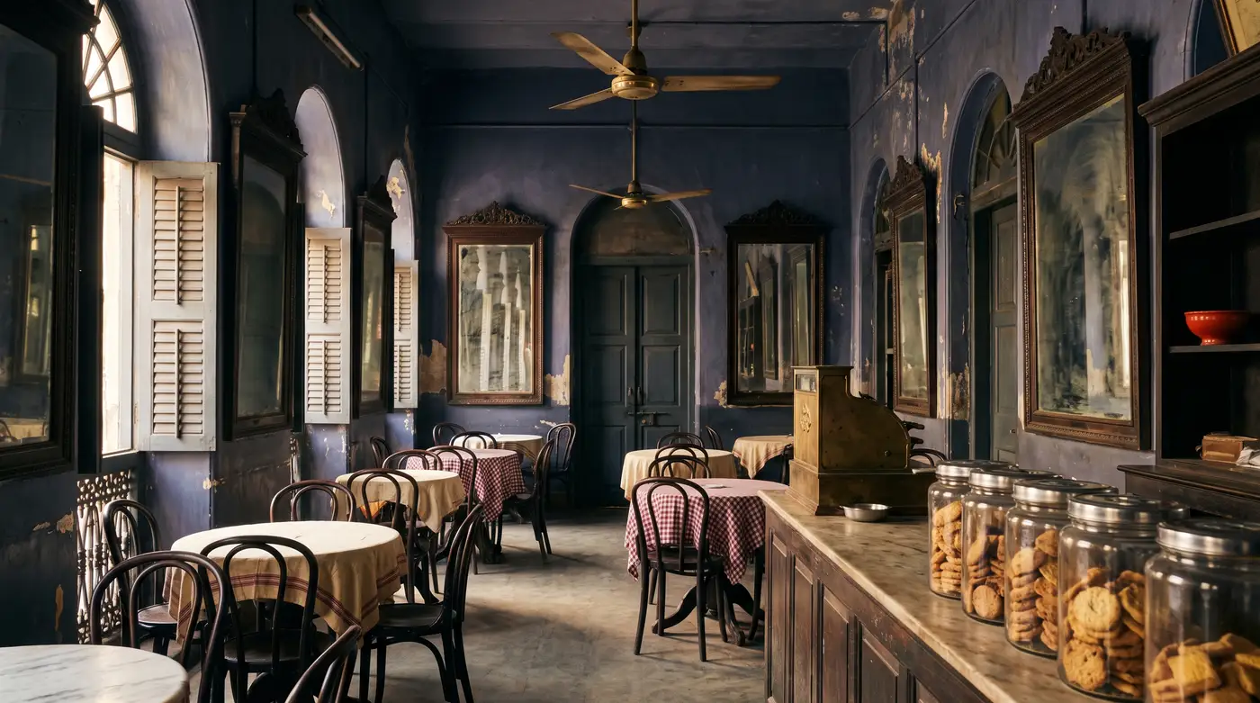 An empty Irani café with bentwood chairs and checked tablecloths