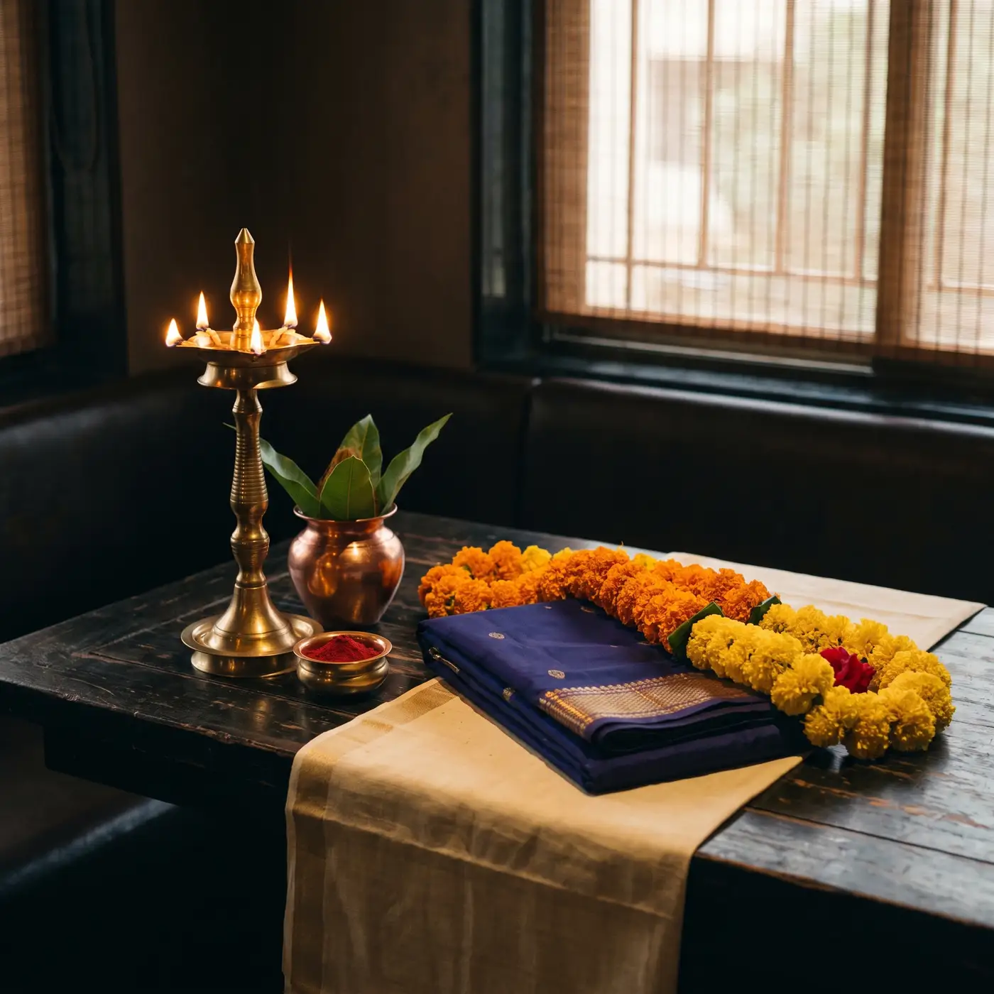 Marigold garlands, a brass samai lamp and a folded Paithani saree